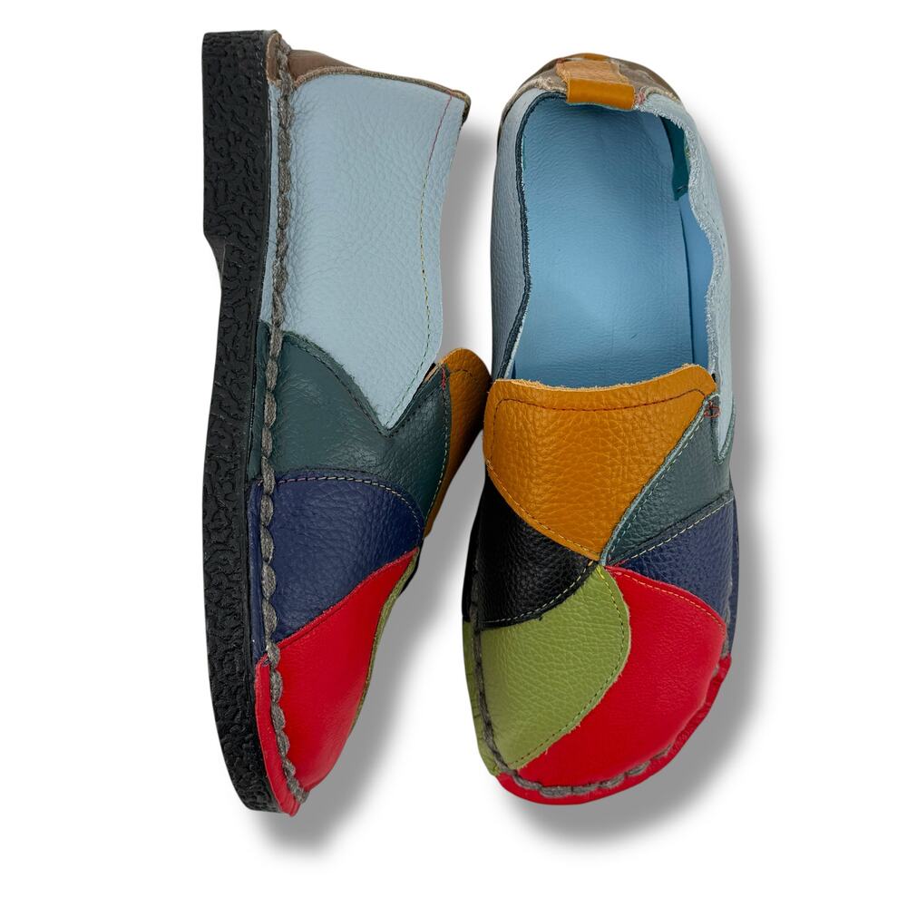 Artsy Pebbled Leather Pinwheel Rainbow Colorful Loafer Shoes Womens Sz 39 8
